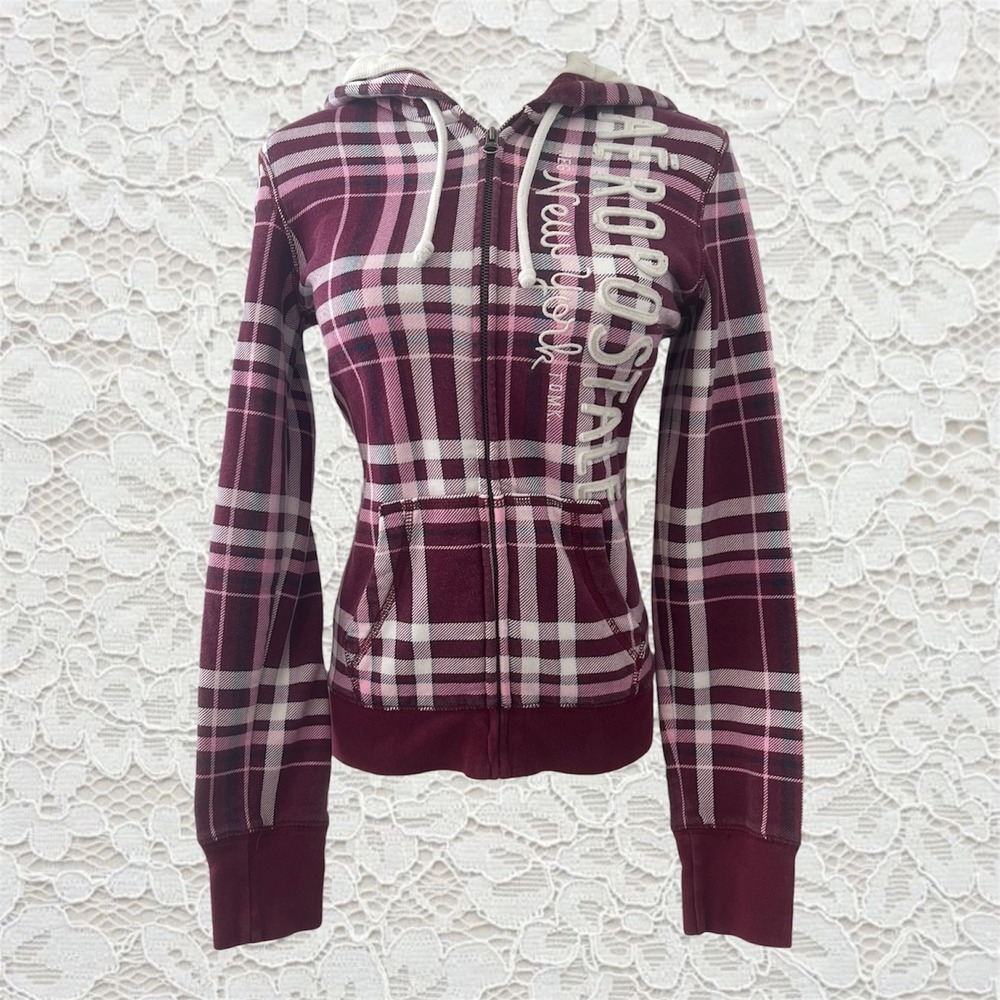 vintage aeropostale plaid zip up hoodie sweatshirt